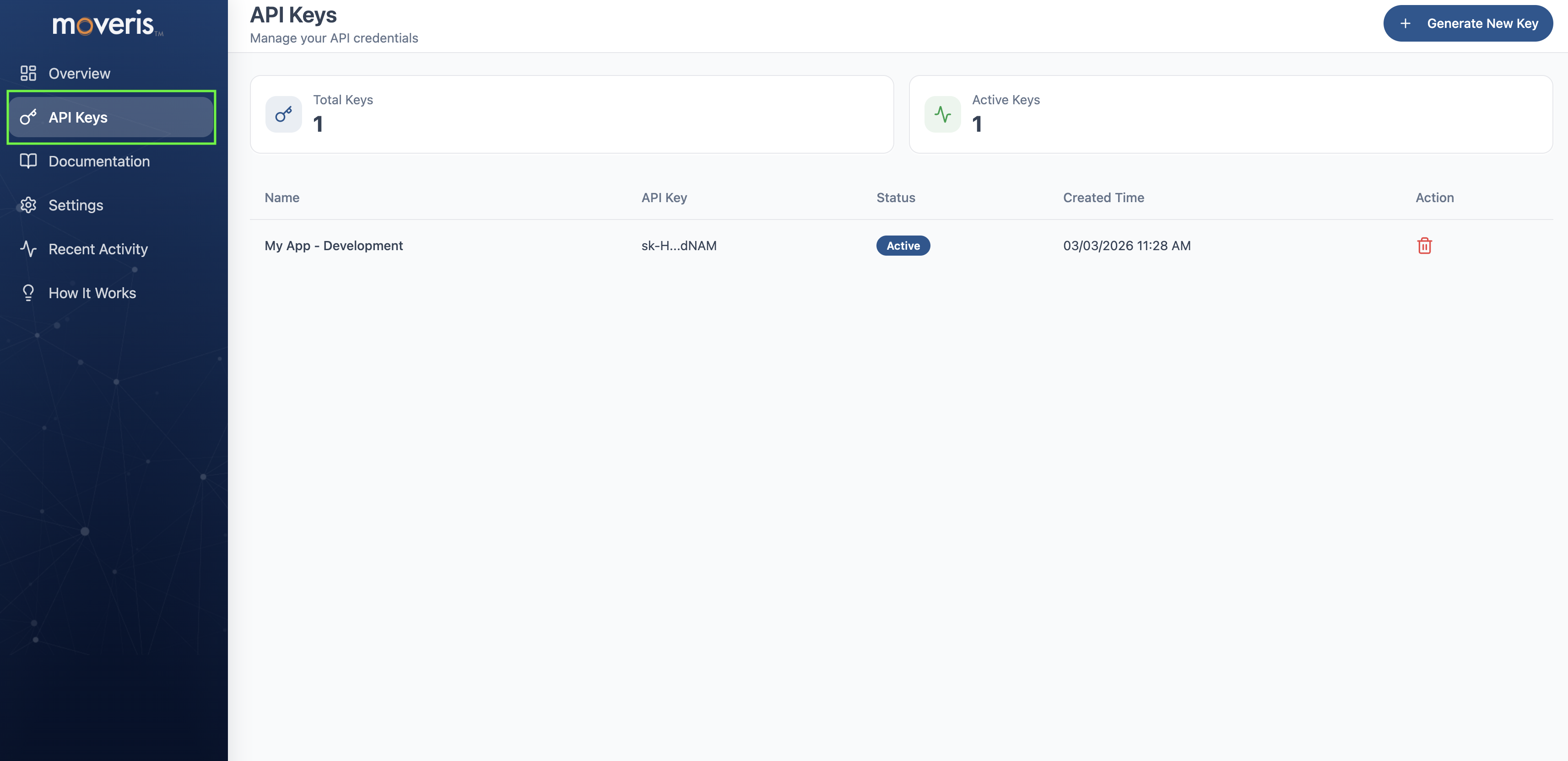 API Keys list view